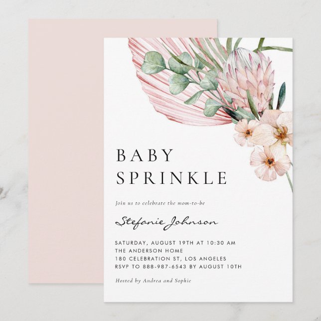 Pink Watercolor Protea Tropical Baby Sprinkle Invitation (Front/Back)