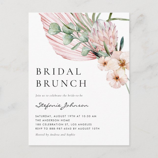 Pink Watercolor Protea Tropical Bridal Brunch Invitation Postcard (Front)