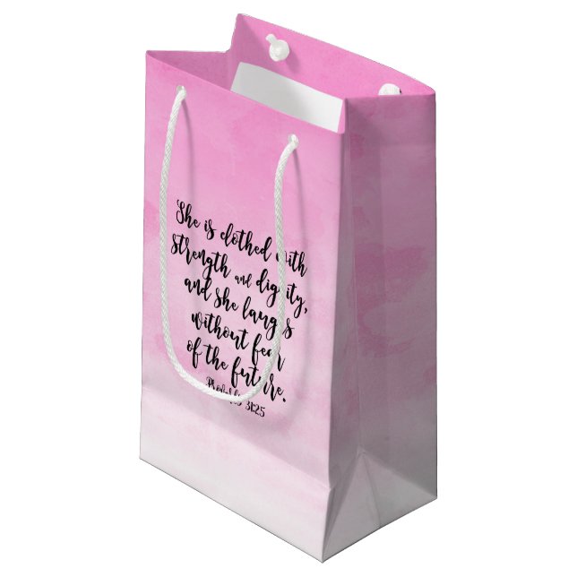 Pink Watercolor Proverbs 31 Christian Womens Bible Small Gift Bag (Front Angled)