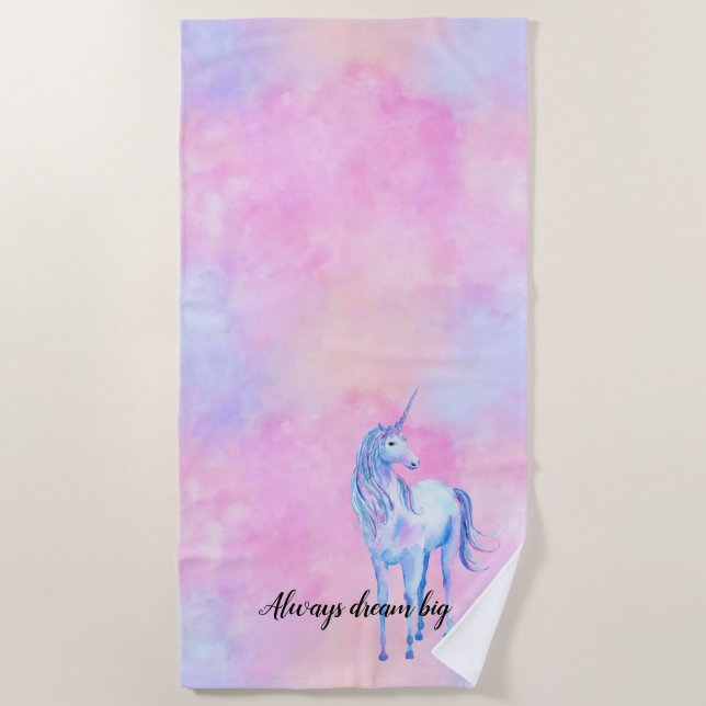 Pink Watercolor Purple Unicorn Beach Towel (Front)