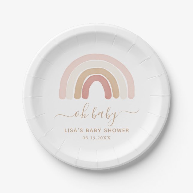 Pink Watercolor Rainbow Baby Shower Paper Plate (Front)