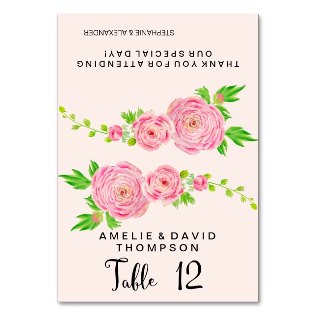 Pink Watercolor Ranunculus Wedding Seating Place Table Number (Front)