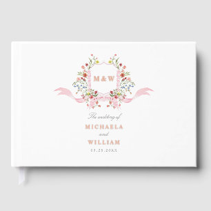 Pink Watercolor Regency Botanical Crest Wedding Guest Book