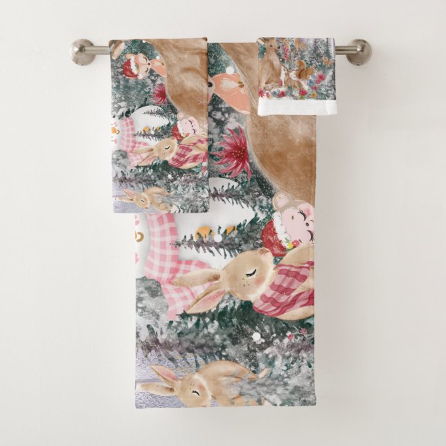 Pink Watercolor Reindeer, Snowman Merry Christmas Bath Towel Set (Insitu)