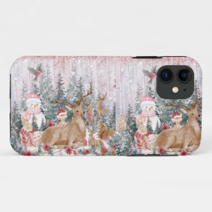 Pink Watercolor Reindeer, Snowman Merry Christmas iPhone 11 Case