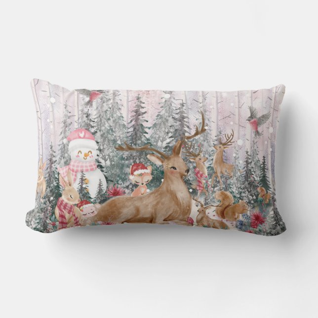 Pink Watercolor Reindeer, Snowman Merry Christmas Lumbar Cushion (Front)