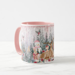Pink Watercolor Reindeer, Snowman Merry Christmas Mug