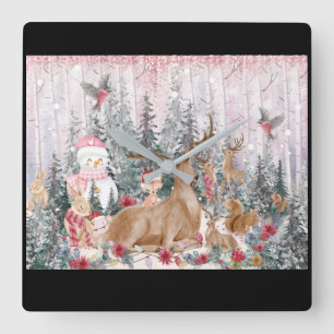 Pink Watercolor Reindeer, Snowman Merry Christmas Square Wall Clock
