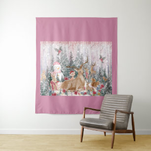 Pink Watercolor Reindeer, Snowman Merry Christmas Tapestry
