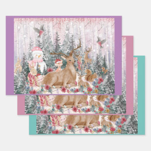 Pink Watercolor Reindeer, Snowman Merry Christmas Wrapping Paper Sheet