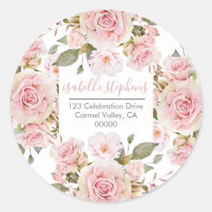 Pink Watercolor Rose Blooms Floral Return Address  Classic Round Sticker
