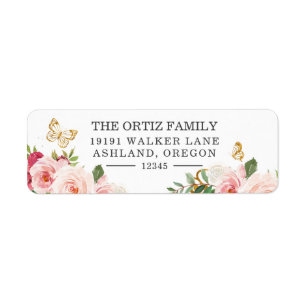 Pink Watercolor Rose Butterfly Return Address Labe Return Address Label