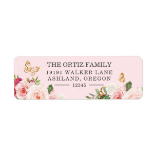 Pink Watercolor Rose Butterfly Return Address Label