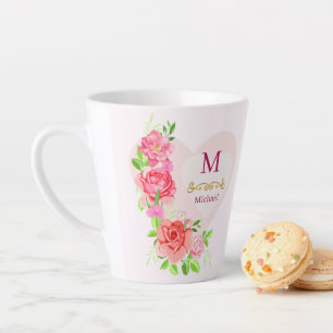 Pink Watercolor Rose Floral Monogram Initial Latte Mug