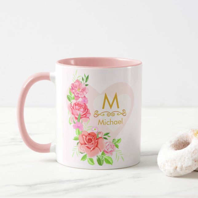 Pink Watercolor Rose Floral Monogram Initial Mug (With Donut)