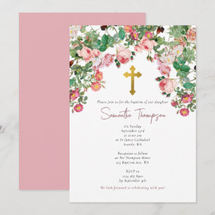 Pink Watercolor Rose Flower Garden Girl Baptism Invitation