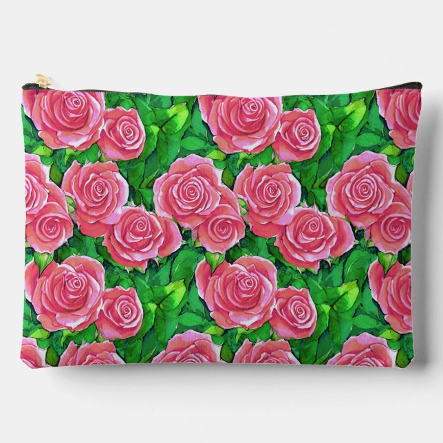 Pink Watercolor Rose Pattern Accessory Pouch (Front)