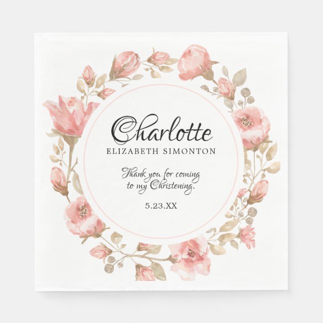 Pink Watercolor Rose Personalised Christening Napkin (Front)
