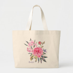 Pink Watercolor Rose Personalised Name   Floral Large Tote Bag