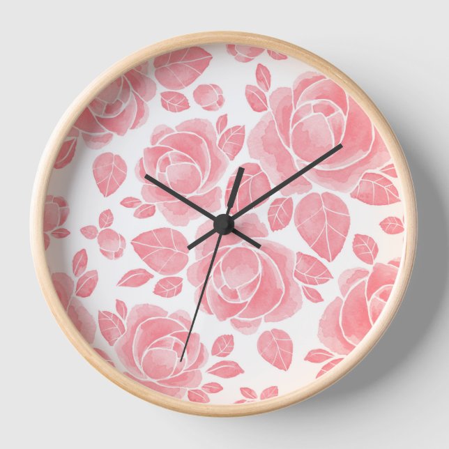 Pink Watercolor Rose - Romantic Floral Clock (Front)