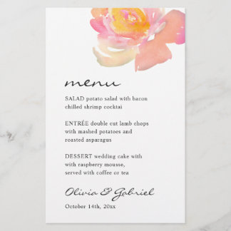 Pink watercolor rose. Stylish modern wedding menu