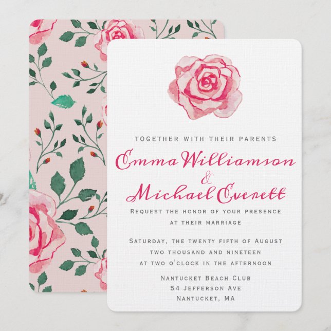 Pink Watercolor Rose | Wedding Invitation (Front/Back)