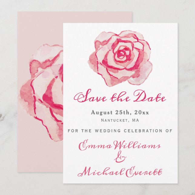 Pink Watercolor Rose - Wedding Save the Date Card (Front/Back)