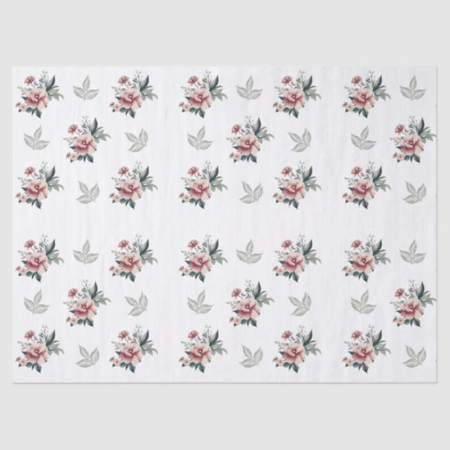 Pink Watercolor Rose with Teal Foliage Tissue Paper (Front)