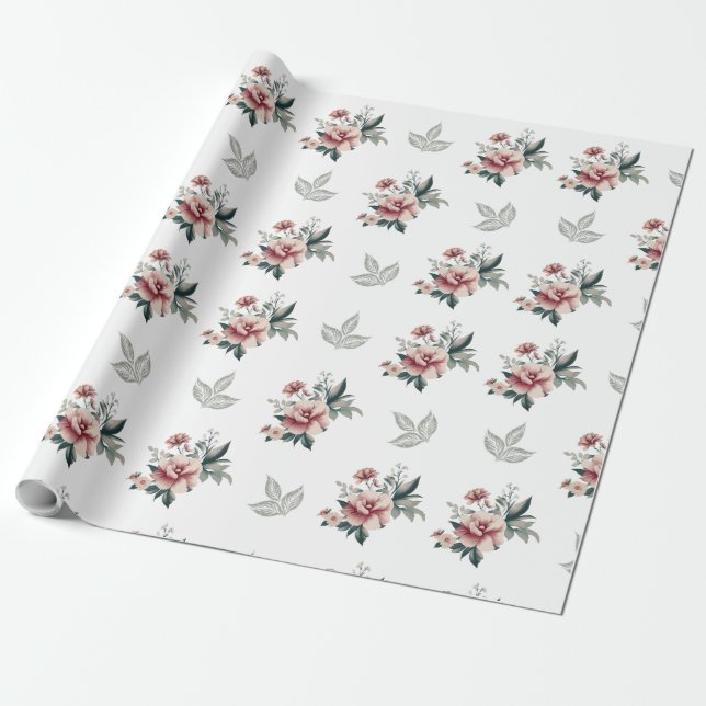 Pink Watercolor Rose with Teal Foliage Wrapping Paper (Unrolled)
