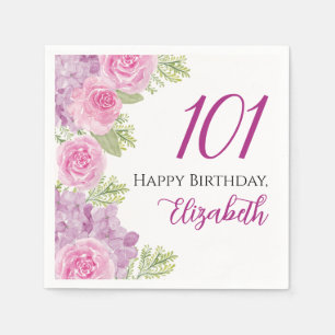 Pink Watercolor Roses 101st Birthday Paper Napkin