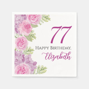 Pink Watercolor Roses 77th Birthday Paper Napkin