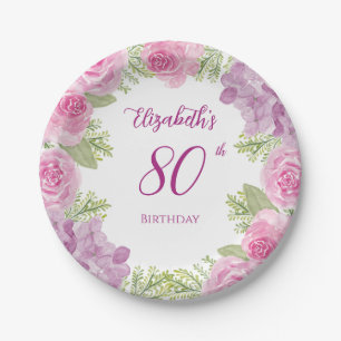 Pink Watercolor Roses 80th Birthday Paper Plate