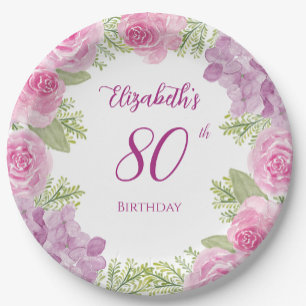 Pink Watercolor Roses 80th Birthday Paper Plate