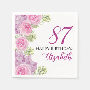 Pink Watercolor Roses 87th Birthday Paper Napkin