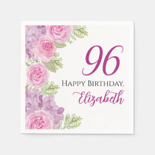 Pink Watercolor Roses 96th Birthday Paper Napkin