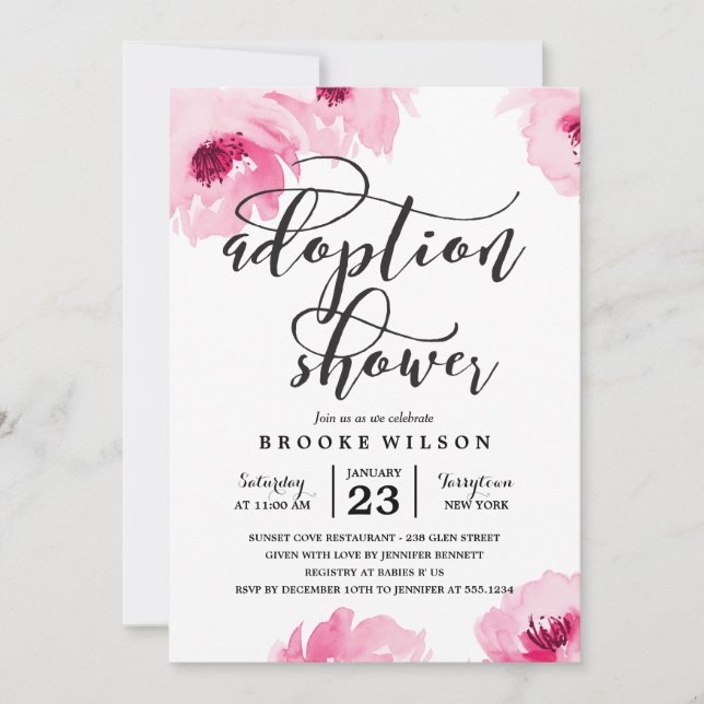 Pink Watercolor Roses Adoption Baby Shower Invitation (Front)
