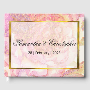 Pink Watercolor Roses and Gold Wedding Guest Book