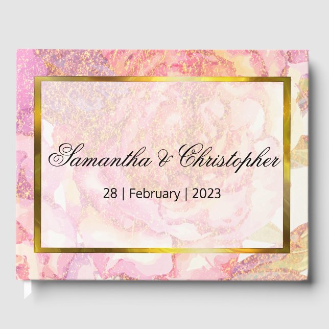 Pink Watercolor Roses and Gold Wedding Guest Book (Front)