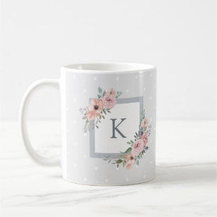 Pink Watercolor Roses and Grey Dots   Monogram Coffee Mug