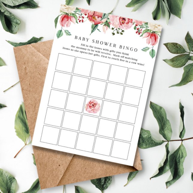 Pink Watercolor Roses Baby Shower Bingo Game Card (Creator Uploaded)