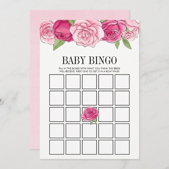 Pink Watercolor Roses Baby Shower Bingo Game Card (Front/Back)