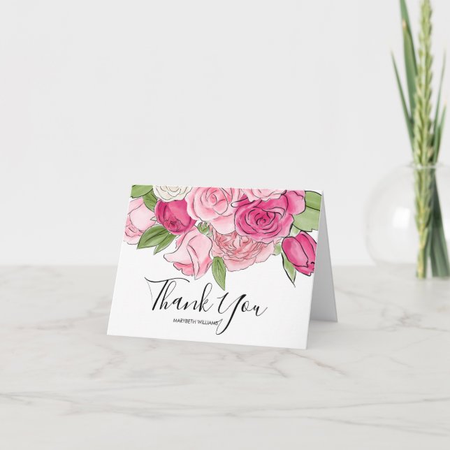 Pink Watercolor Roses Baby Shower Folded Thank You Card (Front)