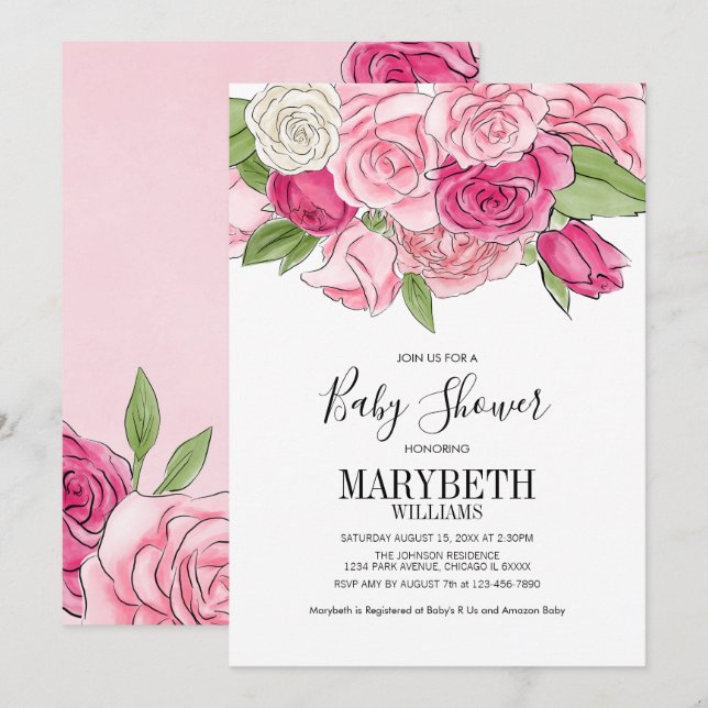 Pink Watercolor Roses Baby Shower Invitation (Front/Back)