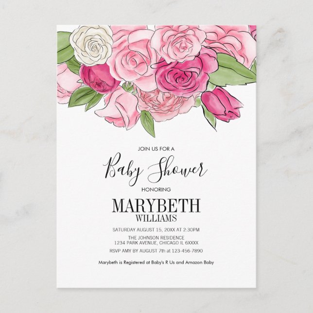 Pink Watercolor Roses Baby Shower Invitation Postcard (Front)