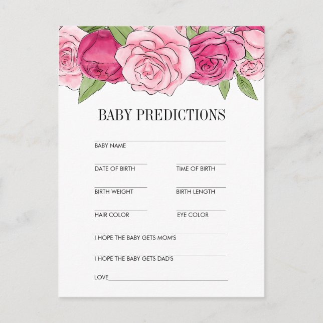 Pink Watercolor Roses Baby Shower Predictions Card (Front)