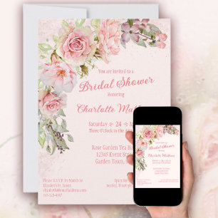 Pink Watercolor Roses Bridal Shower Invitation