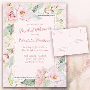 Pink Watercolor Roses Bridal Shower Invitation Postcard