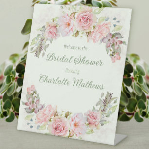 Pink Watercolor Roses Bridal Shower  Pedestal Sign