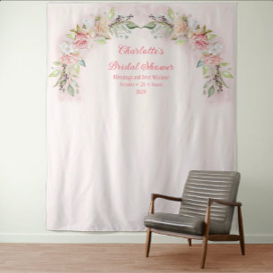 Pink Watercolor Roses Bridal Shower Photo Backdrop Tapestry