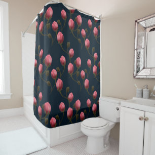 Pink watercolor roses buds on dark blue shower curtain